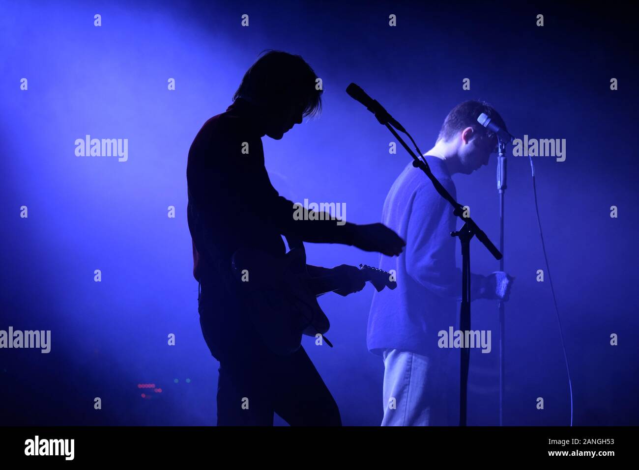 Fontaines DC (Conor Curley and Grian Chatten pictured) on stage at Rockaway Beach, January 2020 Stock Photo