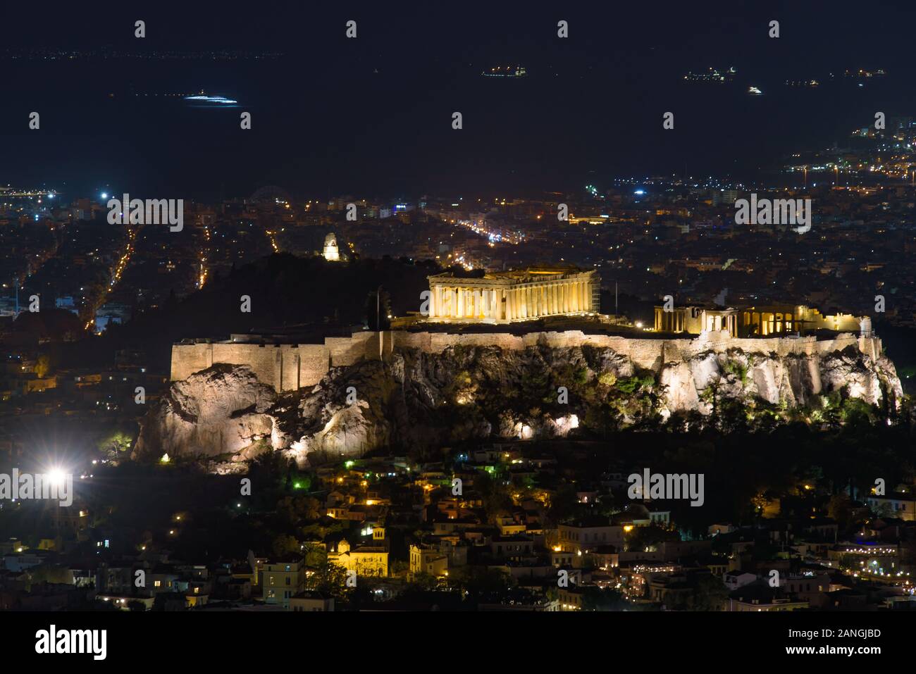 Night view of Acropolis of Athens, an ancient citadel in Athens, Greece Stock Photo