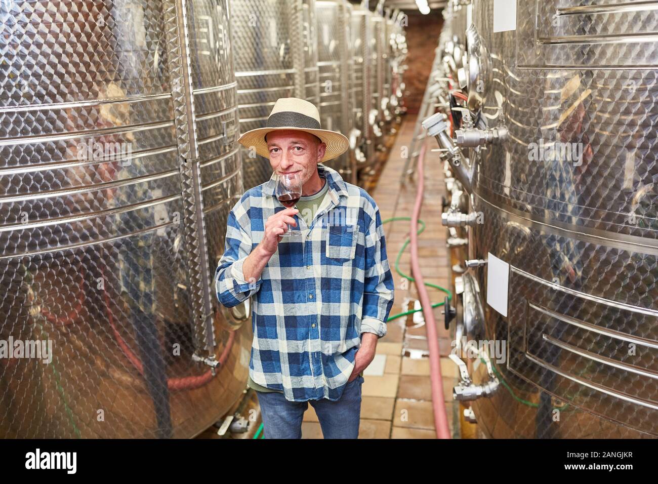 Master winemaker with a glass of red wine in the winery in front of a fermentation tank Stock Photo