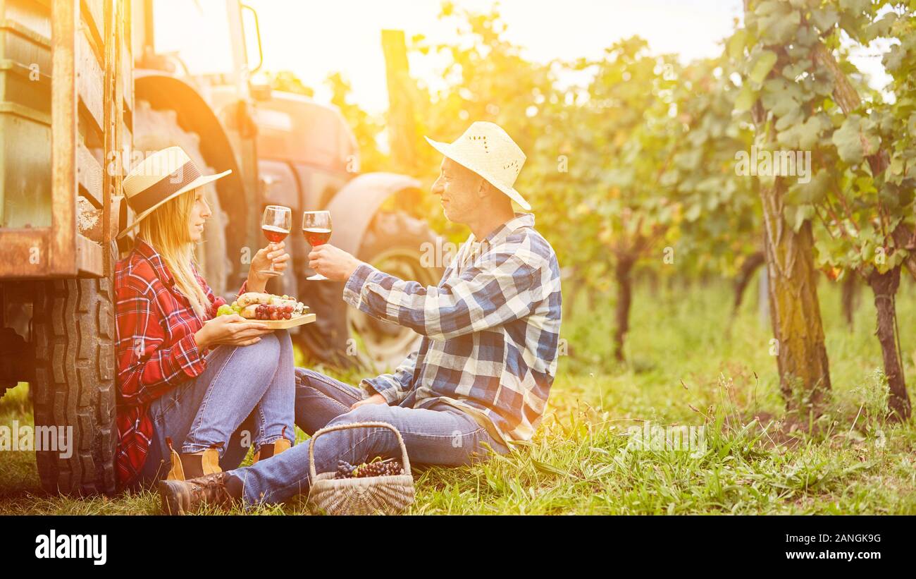 Couple having a romantic picnic with wine tasting in the vineyard in autumn Stock Photo