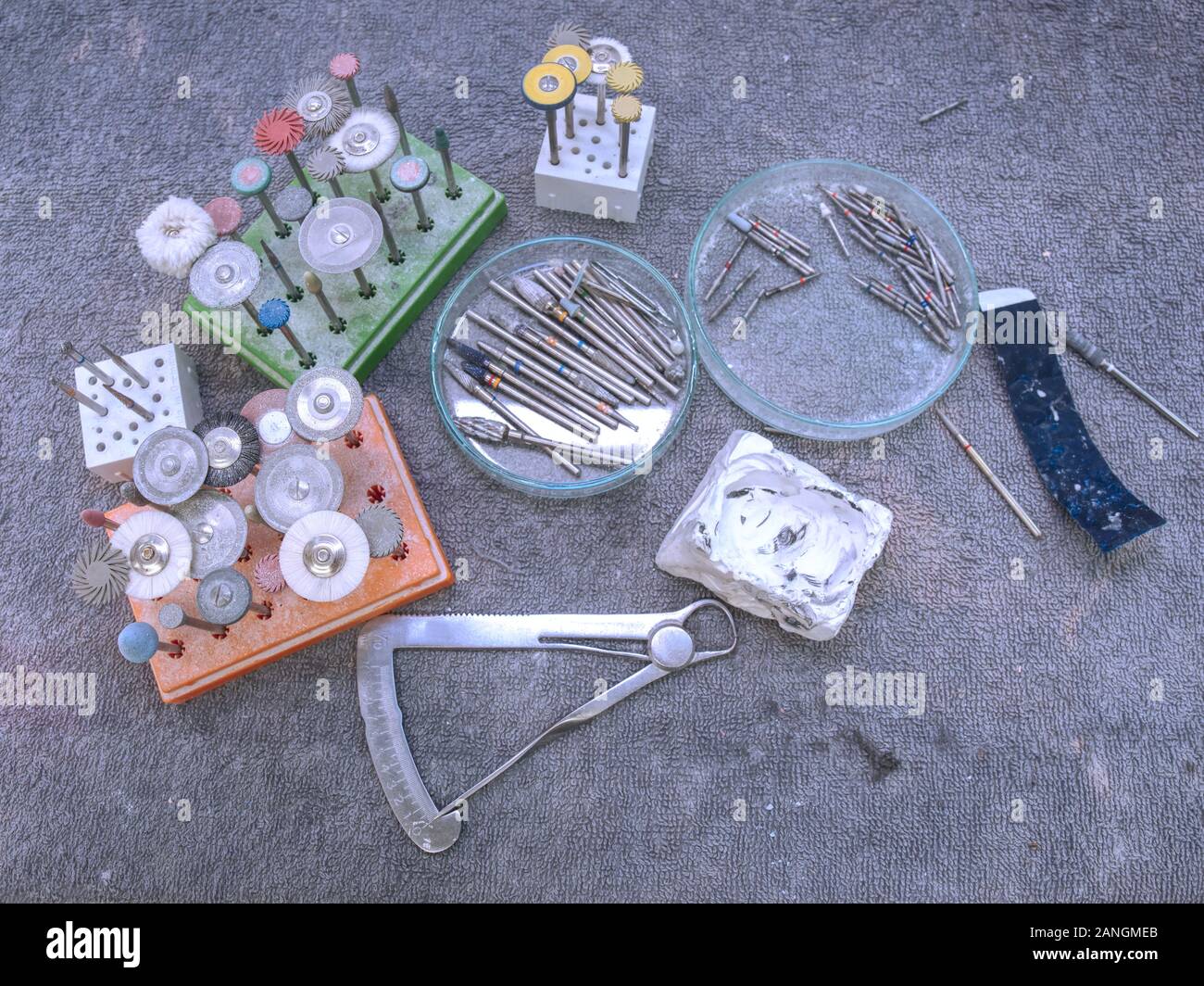 Dentist instruments and accessories in the dental laboratory workplace of dental technician