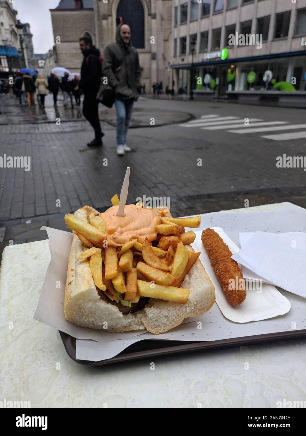Mitraillette type of Belgian sandwich and Fricalette, Belgian delicacies Stock Photo