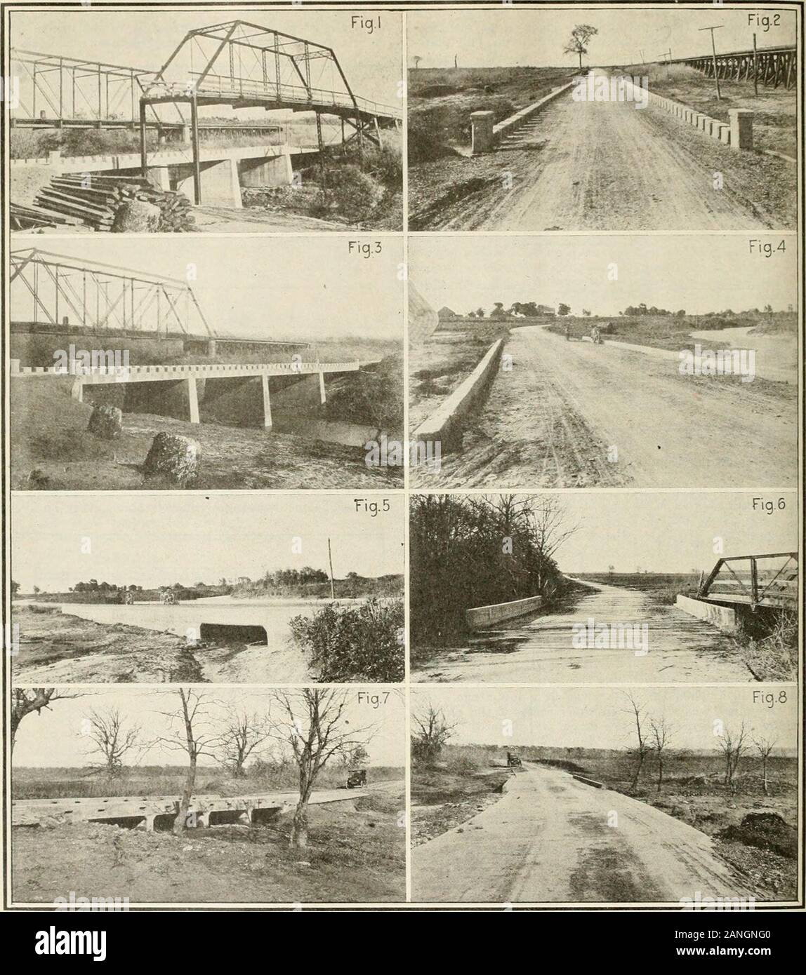 Engineering and Contracting . Part Transverse Section Part Longitudinal Section -orT -,an Mg5 Eac Figs. 3 to 5—Types of Overflow Bridges. ENGINEERINGAND COXTRACTING. Figs. 1 to 8—Views of Overflow Bridge Construction In McLennan County, Texas. age thickness of 5V4 in. In addition to this there wasthe dead load due to the beam encasements. Its location was such that the central pier fell in themiddle of the channel. The floor elevation was some 10ft. below high water level as given by the flood of 1913.In adopting this elevation for the bridge floor due re-gard was given to the drift line of th Stock Photo