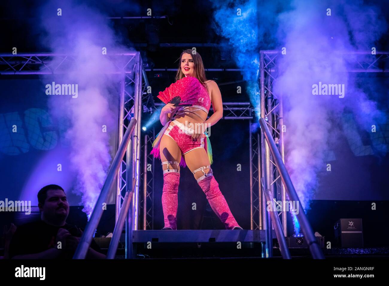 Zoe Lucas makes her entrance for “Wrestle Queendom 3” tournament at The Venue in west London by Pro-Wrestling: EVE, women's wrestling event. Stock Photo