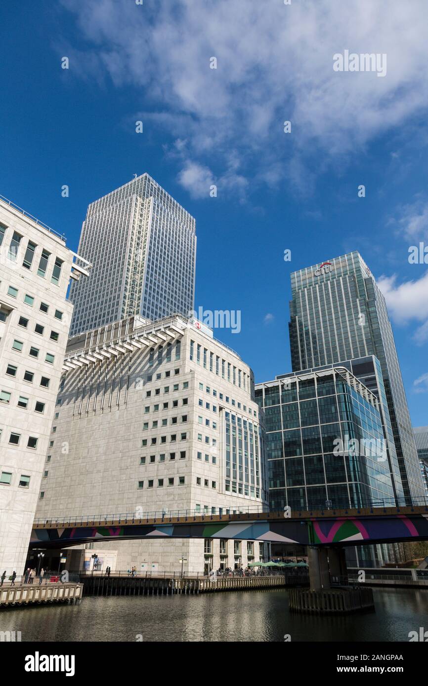Canary Wharf business district banks, London, England Stock Photo
