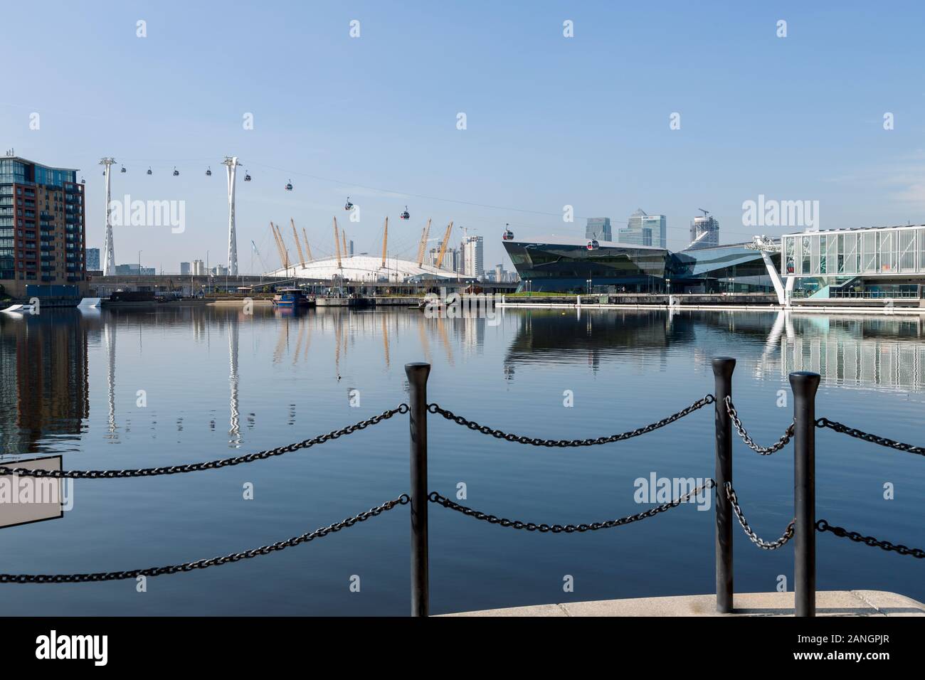 London docklands, Millennium Dome and Emirates Cable car, England Stock Photo