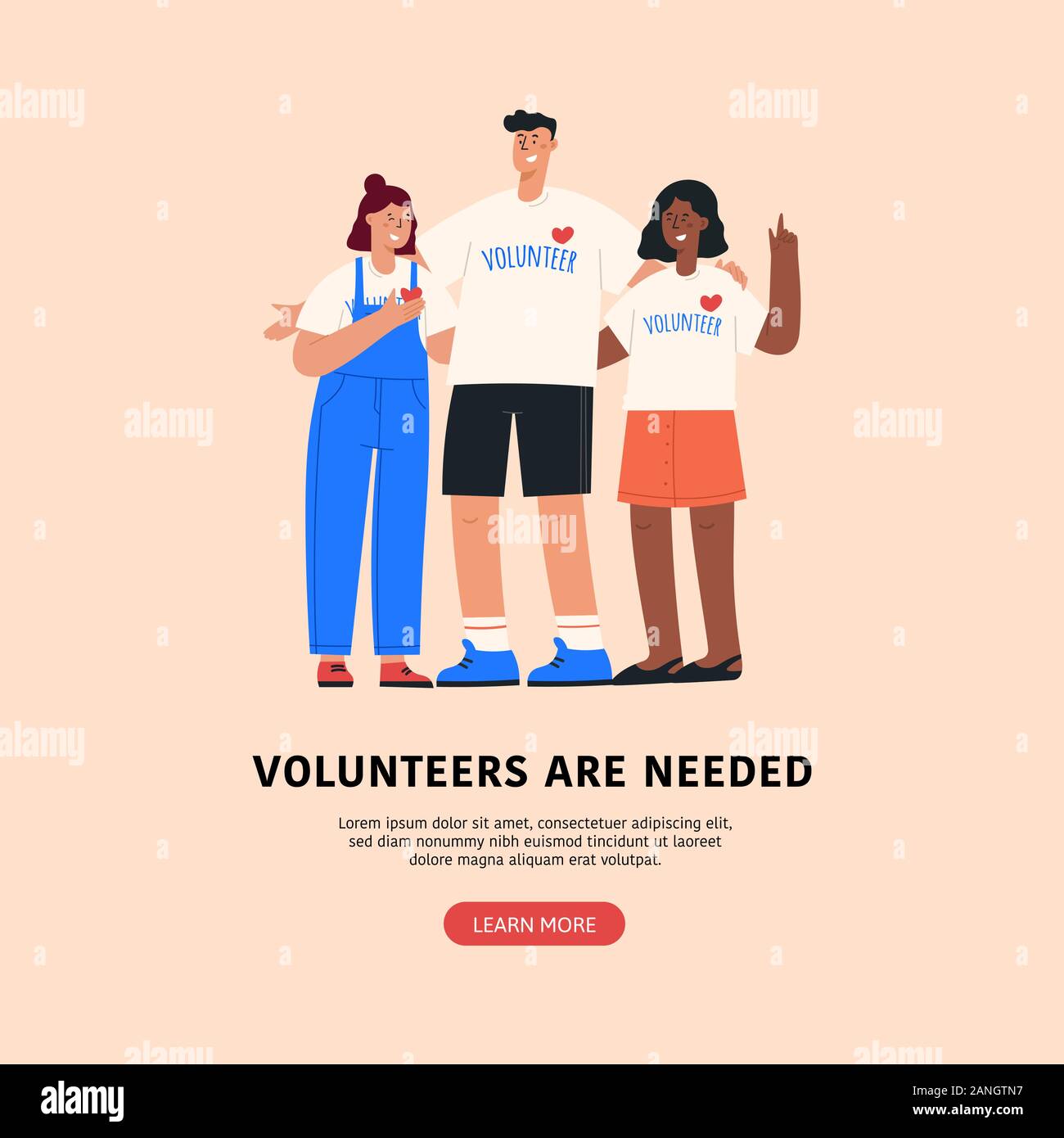 Volunteers needed flat colorful vector illustration for web banners ...