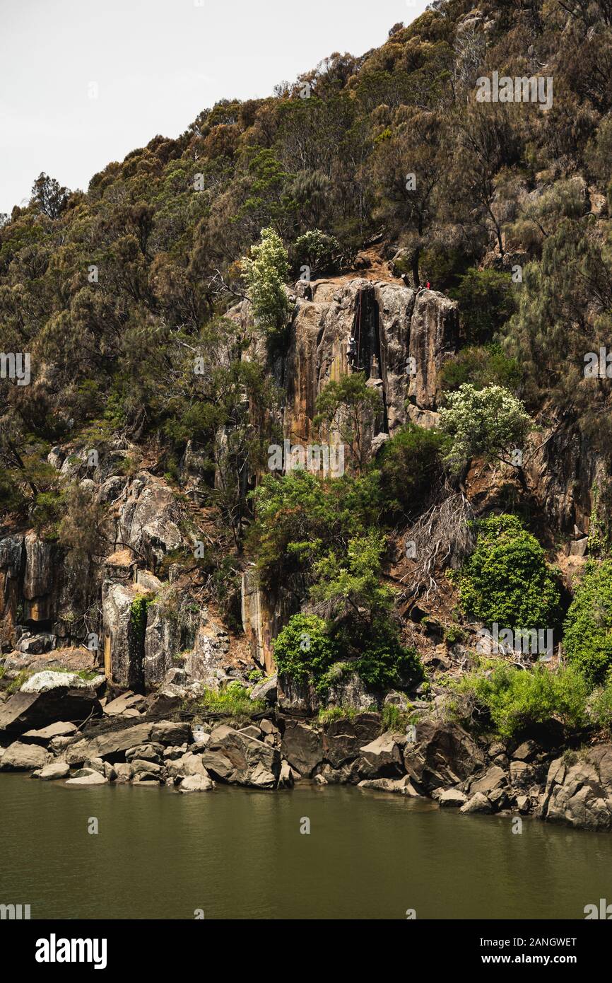 Old rock formations along the South Esk River on the Cataract Gorge walk. Stock Photo