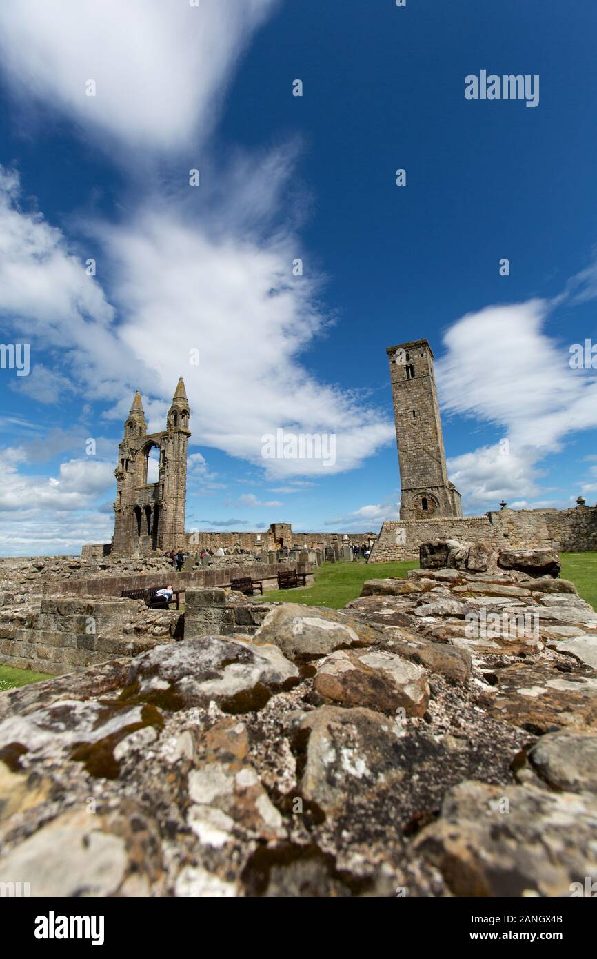 Town of St Andrews, Scotland. Picturesque view of St Andrews Cathedral, with Rules Tower on the right and East Gable on the left. Stock Photo