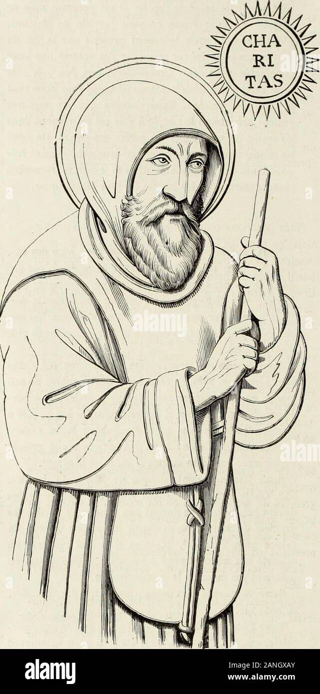 Caractâeristiques des saints dans l'art populaire . té leur nudité presque entière; etla plupart du temps ils ont même abandonné la vieerrante pour sattacher au sol par lagriculture-. Dèslors, ils cessent dêtre sauvages (habitants des bois) etdeviennent pâtres, cultivateurs, etc. Leur état de sauva-gerie ne persiste donc guère après quils ont embrasséla foi. SCAPULAIRE. Nous avons réservé pour cet article le portrait de saintFrançois de Paule, fondateur des Minimes (Cf. Chiffre,p. 220, sv.; Princes, etc.). Cest que le scapulaire de son Ordre a une forme très-distincte de celui que portent dive Stock Photo