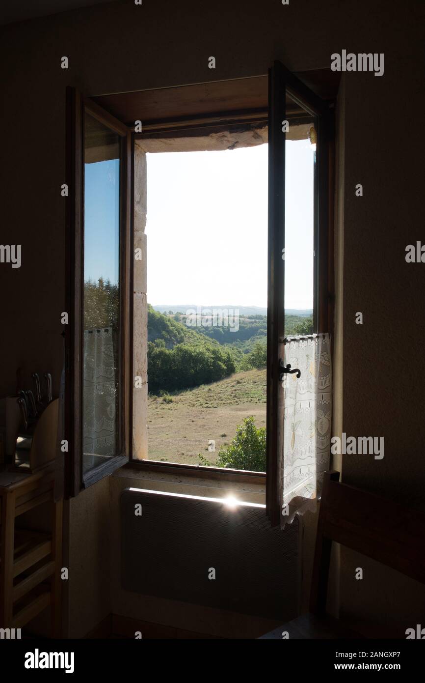 Views from the kitchen window in a french gite or cottage in the summer. Stock Photo