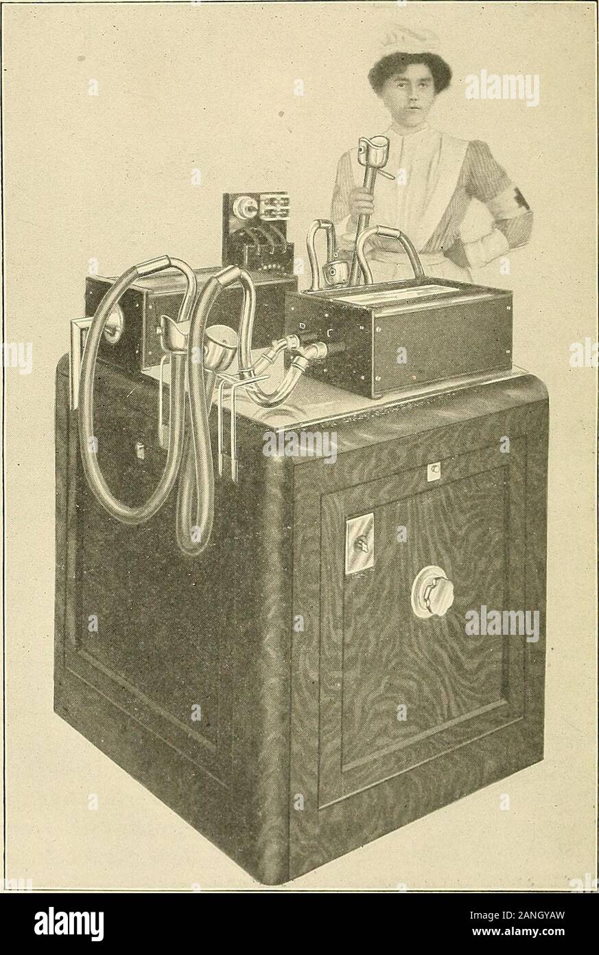 The electro-therapeutic guide, or, A thousand questions asked and answered . potential power—about twenty thousand volts—but the volume of current used is very small, being less than two amperes. When the machine is in operation, a decided purple glow is to bfseen in the ozonisers and as the air is driven through the electrical dis-charge, the oxygen is converted into ozone. A pressure blower is connect-ed directly to a motor and after the oxygen is converted into ozone, ipasses through the crescent shaped tube, partially filled with a mixture opinus oils. Here the ozones and oils form a new c Stock Photo