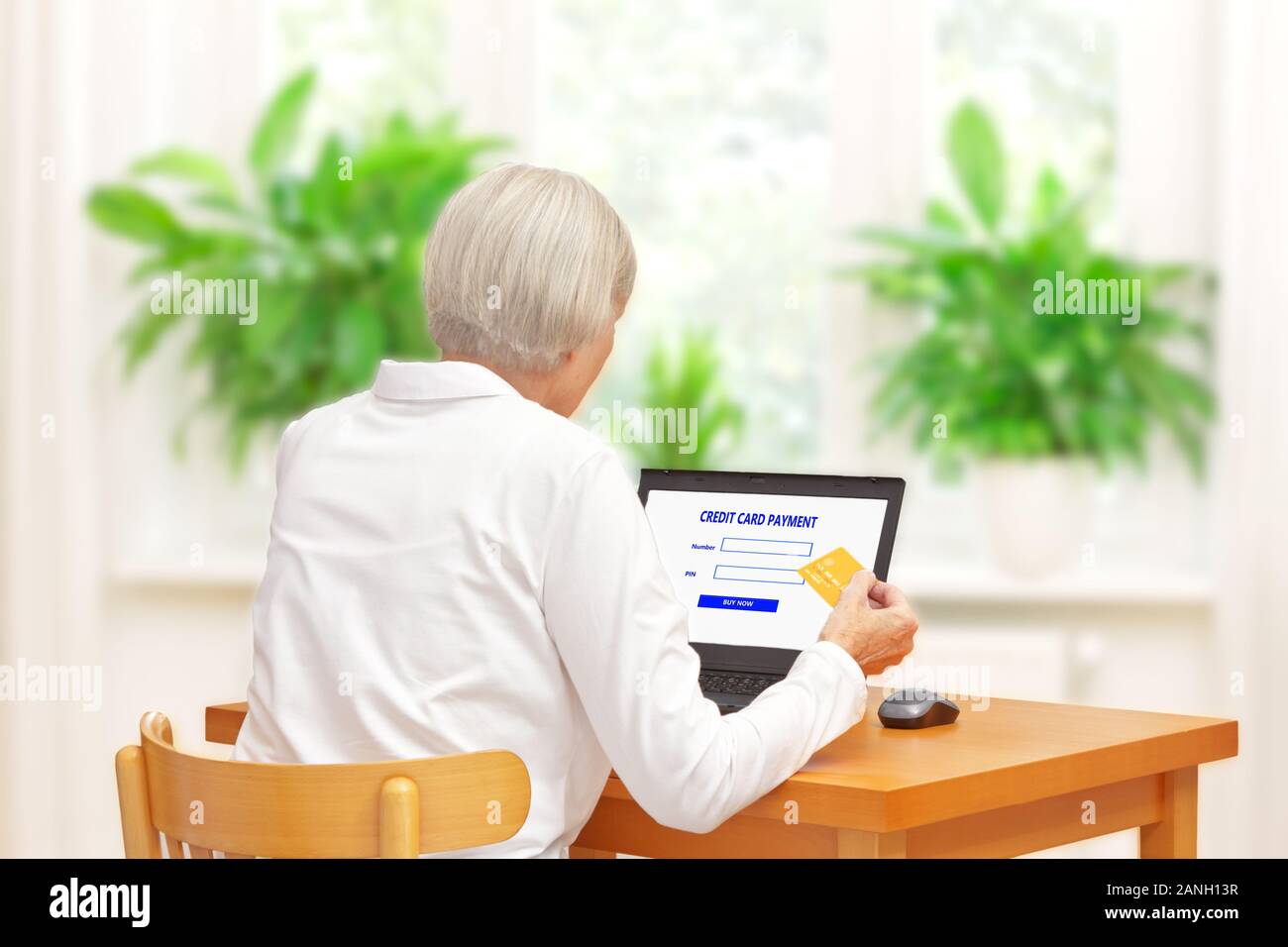 credit card payment concept: senior woman in her living room paying for somithing bought on the internet. Stock Photo