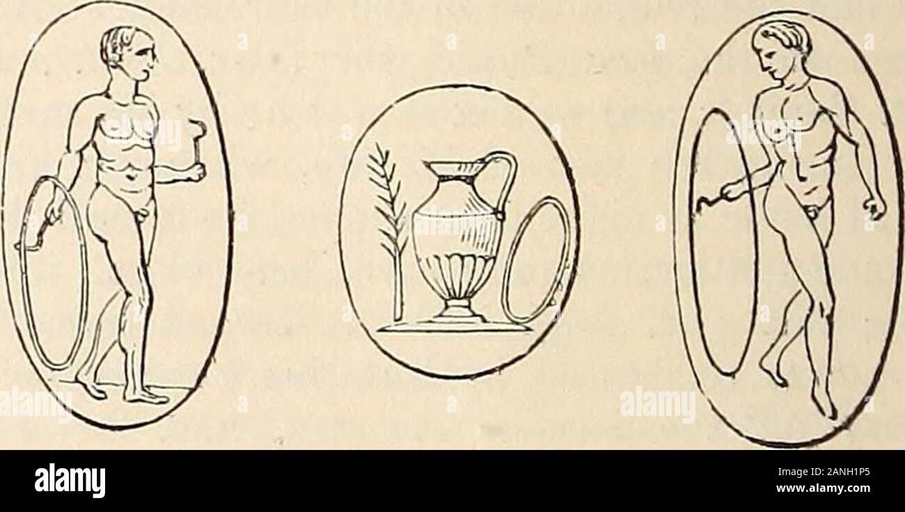 A dictionary of Greek and Roman antiquities.. . oop. The Greekboys used to exercise themselves like ours withtrundling a hoop. It was a bronze ring, and hadsometimes bells attached to it. (Mart. xi. 22. 2,xiv. 168, 169.) It was impelled by means of ahook with a wooden handle, called clavis (Propertiii. 12), and iAar-qp. From the Greeks thiscustom passed to the Romans, who consequentlyadopted the Greek term. (Hor. Carm. iii. 24. 57.)The hoop was used at the Gymnasium (Propert.I. c. ; Ovid. Trist. ii. 485) ; and, therefore, on oneof the gems in the Stosch collection at Berlin,which is engraved i Stock Photo