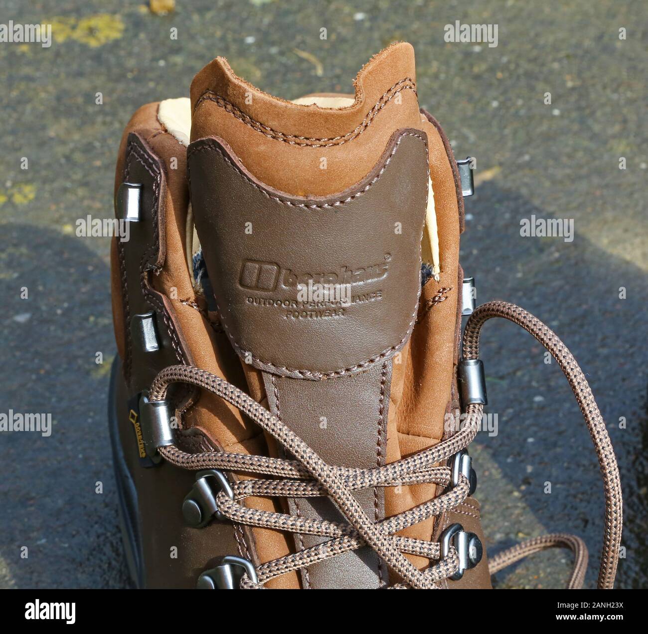 A new pair of Berghaus Brasher Men's Hillmaster II Gore-Tex waterproof leather Walking Boots in brown Stock Photo