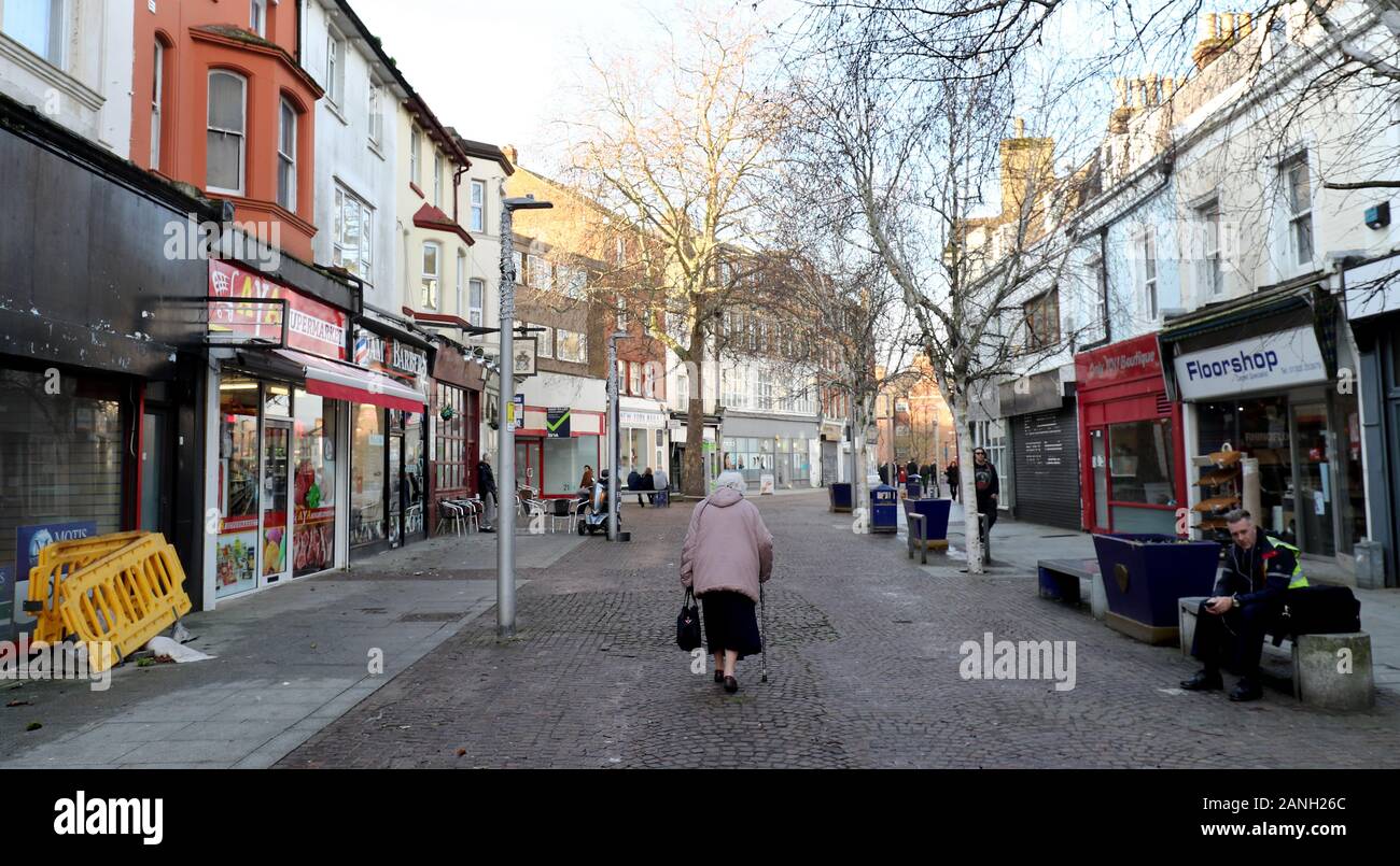 An elderly lady walks along a street in Folkestone town centre, Kent. PA Photo. Picture date: Friday January 17, 2020. Photo credit should read: Gareth Fuller/PA Wire Stock Photo