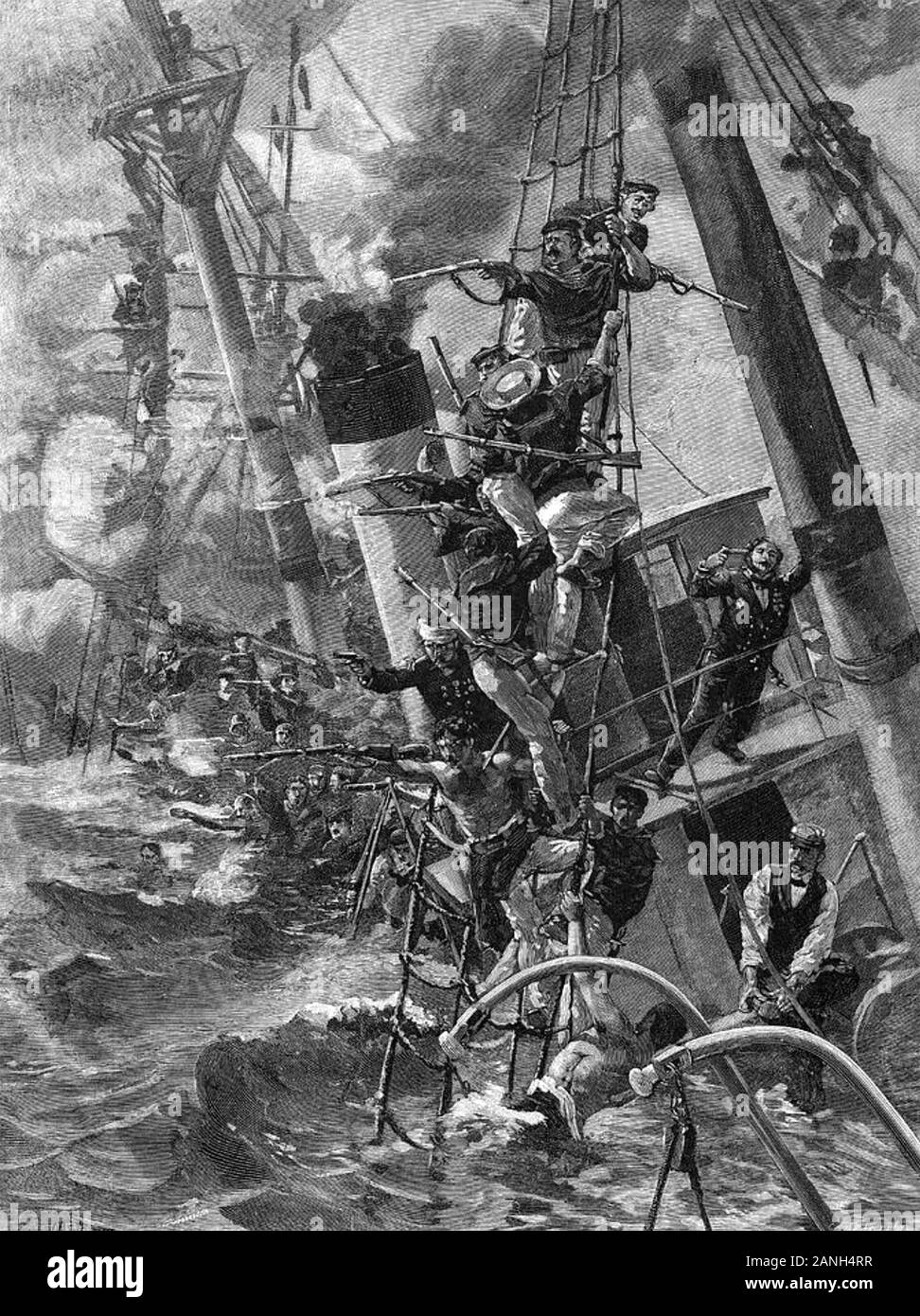 BATTLE OF LISSA 20 JULY 1866. The Italian Re d'Italia is rammed and sinking while the captain Emilio di Bruno commits suicide at right Stock Photo