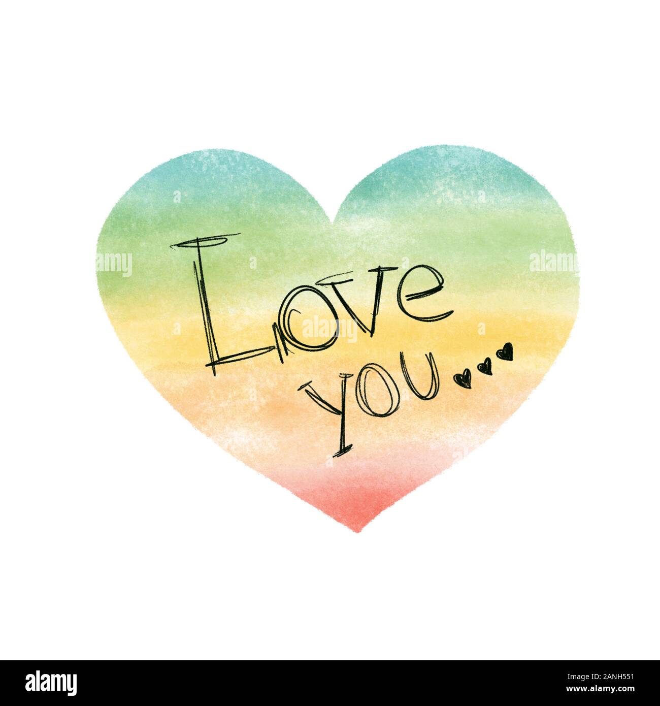 Watercolor heart with Love you text. Hand drawn red orange yellow green ...