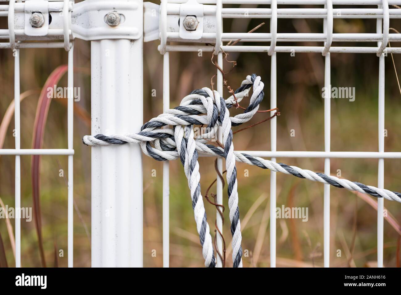 A black and white nylon rope is tied on a white metal fence Stock Photo