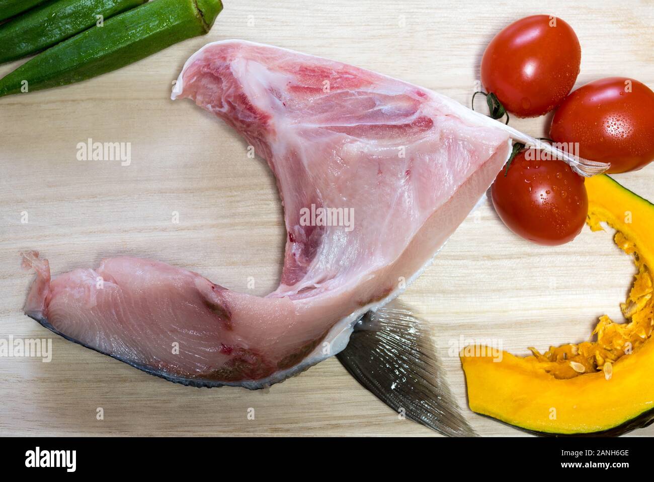 Jaw part of a buri fish or Japanese amberjack also known as yellow tail. This part of the fish is usually grilled and is very common in Japan. Stock Photo