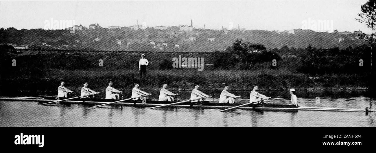 The Cornell navy : a review . VARSITY 1891 Allen Wilherbee Marston Kelley Wagner Hill Wolfe (capt.) Benedict Young Both races were held on Cayuga Lake the next year. The Columbia Freshmen were de-feated by 7 1/2 lengths and the Pennsylvania Varsity by 5 lengths. The New York AthleticClub was also defeated by the Varsity on the Passaic River, in w^hich race the record for thecourse w^as lowered by twelve seconds. Through a misunderstanding of the signal, Cornellwas two lengths behind at the start, but the distance w^as made up in the first half mile.. VARSITY 1892Kelley Barr Wagner Dole Marston Stock Photo