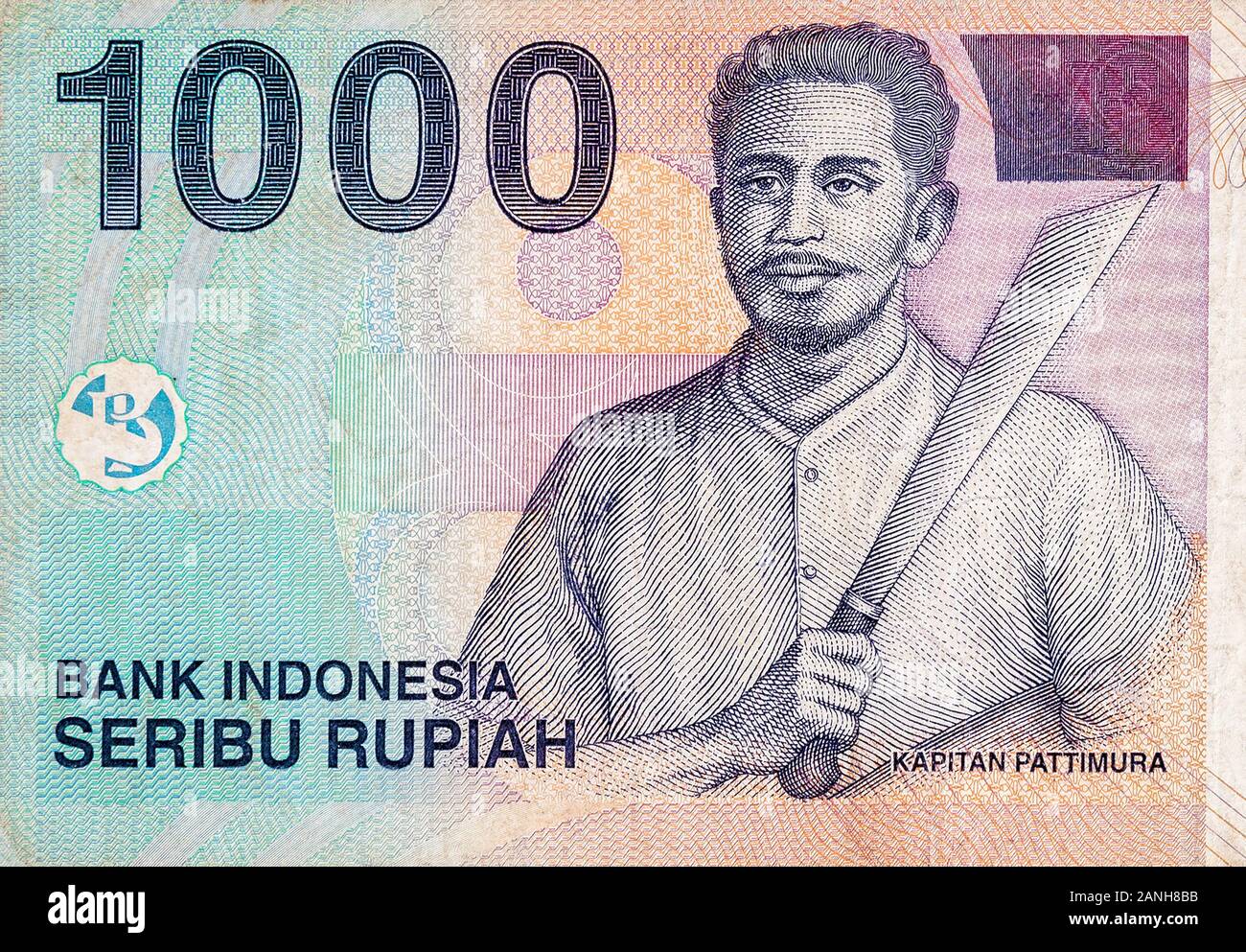 Kapitan Pattimura portrait on Indonesia 1000 rupiah bank note, former currency of Indonesia. Colored bill close up fragment Stock Photo