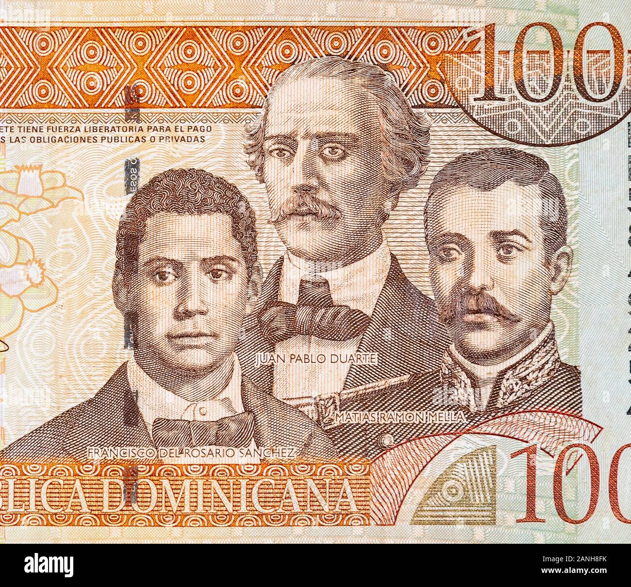 Francisco Del Rosario Sanchez portrait with Matias Ramon Mella and Juan Pablo Duarte depicted on old one hundred peso note Dominican republic money. F Stock Photo