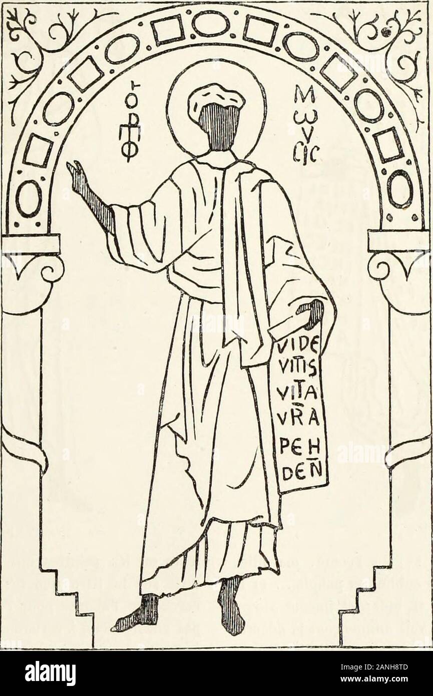 Caractâeristiques des saints dans l'art populaire . Tré fort lial)i-lemcntros énigmes il y a une vingtaine dannées. Je nai donc pas be-soin de revenir sur un travail si bien fait, quoiquil puisse jeter beau-coup do jour sur des monuments inspirés par une jiensée semblable. 2. Jemprunte les dessins à lcuviage intitulé Délia hasilka diS. Paolo, opéra di Mec. Mar. Nicolai; Roma, 1815, in-fol. Ces portesfurent exécutées à Constantinopic sur la fin du xi^ siècle, et cest cequi exi)liquc non-seulement lemploi du grec avec celui du latindans les inscriptions, mais r(irtli(if;i:iplie byzantine de bien Stock Photo