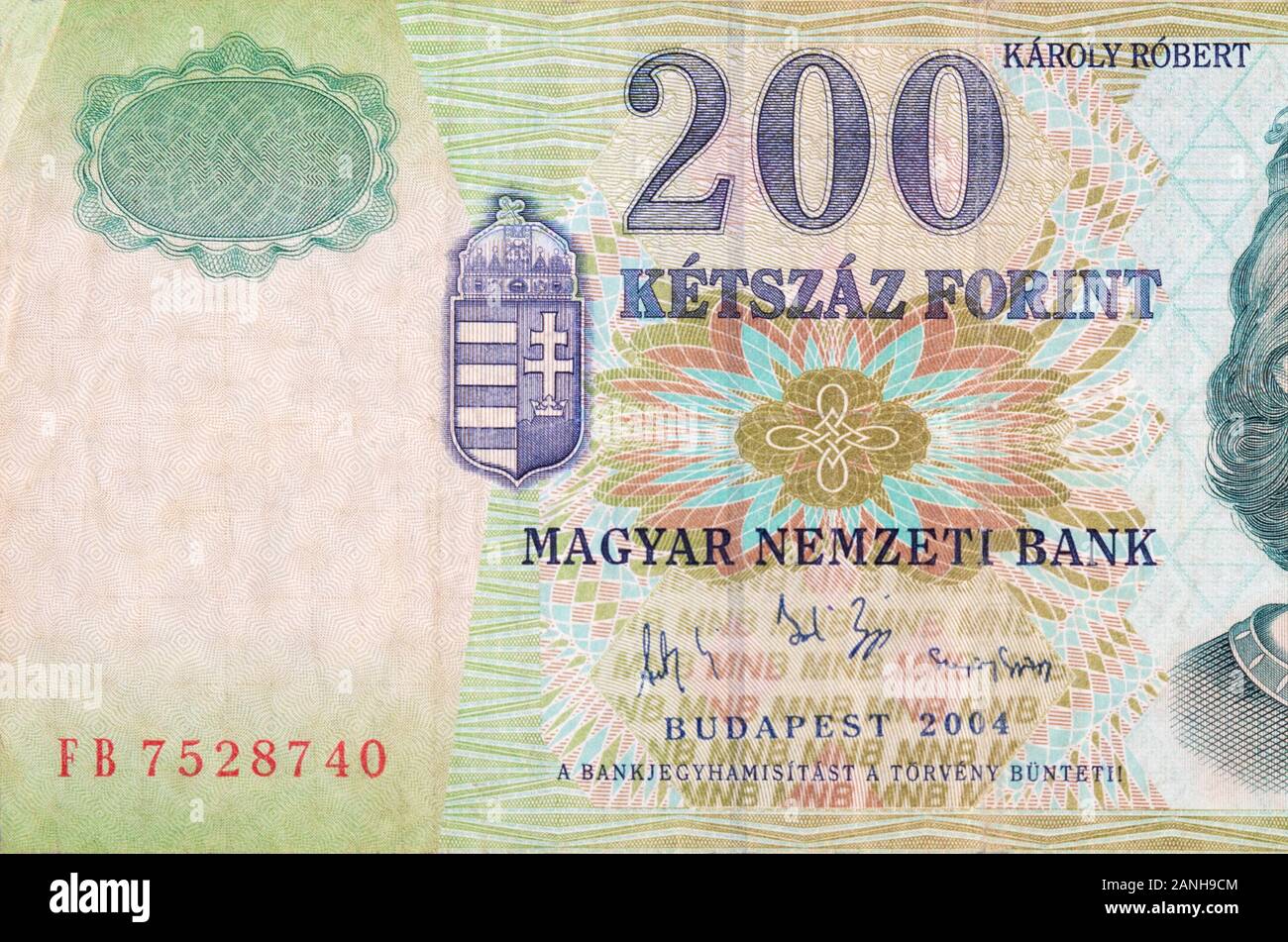Part of green Hungary 200 Forint banknote fragment close up Stock Photo