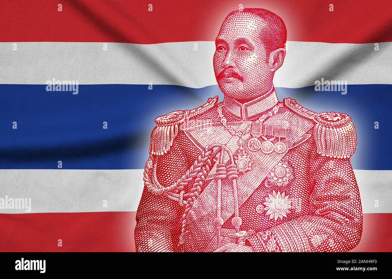 Portrait of Chulalongkorn also known as King Rama V was the fifth monarch of Siam under the House of Chakri. Figure on Thailand flag background Stock Photo