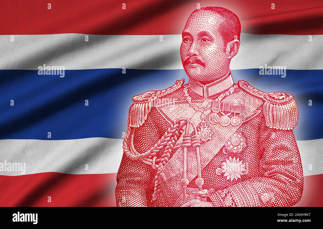 Portrait of Chulalongkorn also known as King Rama V was the fifth monarch of Siam under the House of Chakri. Figure on Thailand flag background Stock Photo