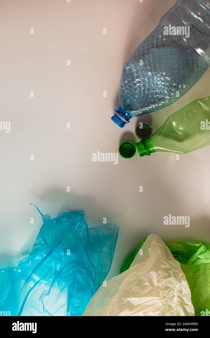 Recyclable bottles and bags. Recycle, reuse and repeat. Don't throw