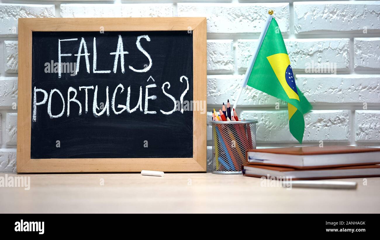 Do you speak Portuguese text on board, international flag in box