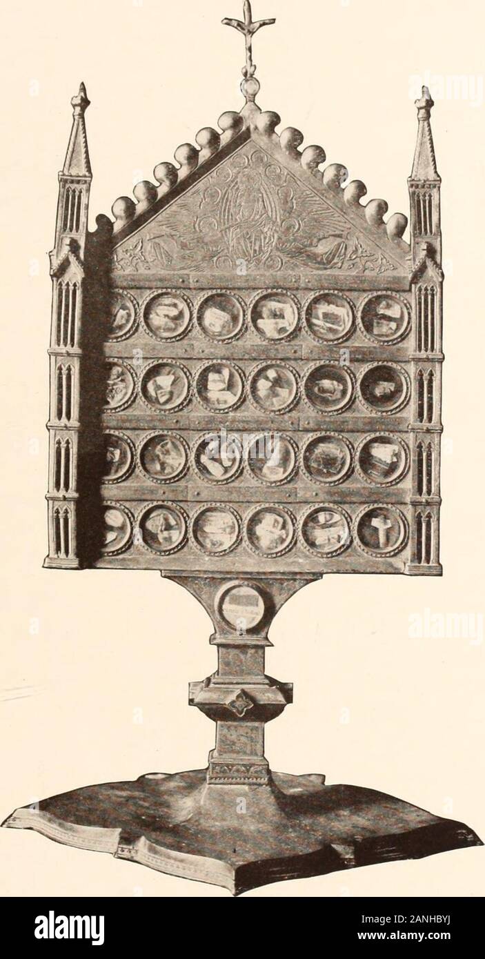 Illustrated catalogue of the exceedingly rare and valuable art treasures and antiquities formerly contained in the famous Davanzati Palace, Florence, Italy . with a square knop jeweled on all sideswith quatrefoil-shaped medallions enameled in colors. On twosides of the stem are four square miniatures, engraved andenameled, of scenes in the life of St. Francis of Assisi and onthe other two sides figures of the four Evangelists.The quatrefoil foot is of copper, with a molded rim embossedround the edge with a border of quatrefoils. The sides of thereliquary are engraved in a pattern of quatrefoil Stock Photo