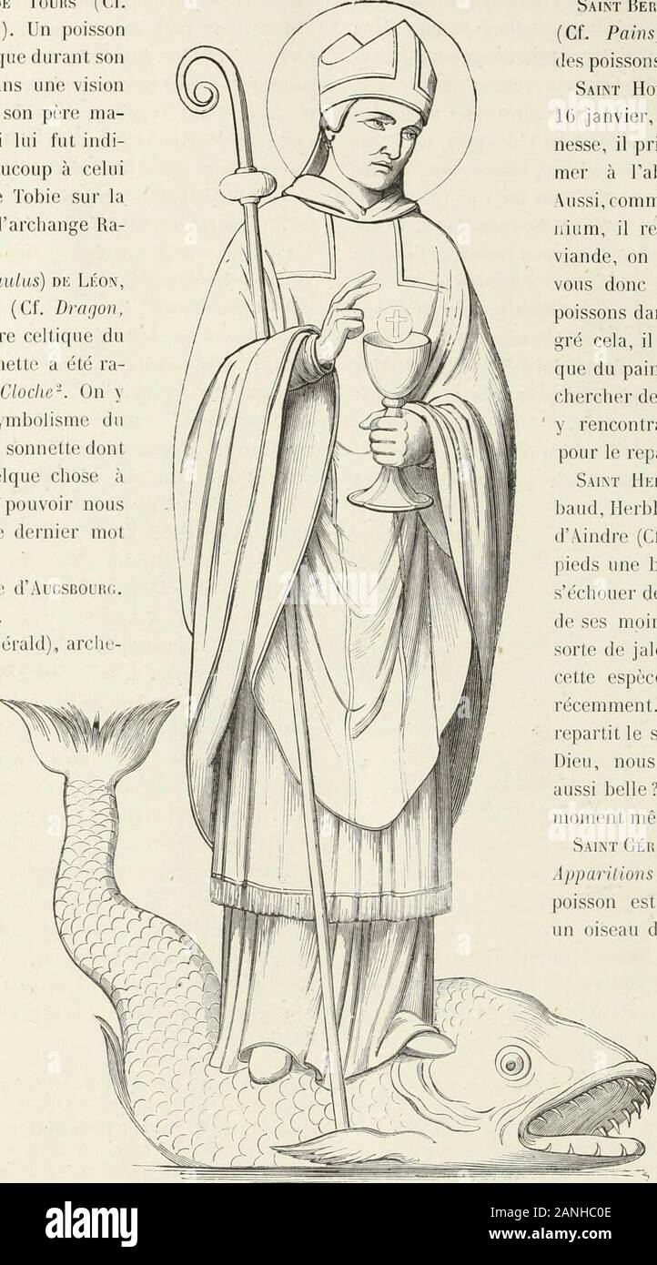 Caractâeristiques des saints dans l'art populaire . e, ony rencontra un poisson sufiisantpour le repas du saint homme. Saint Hekblaix (Herbland, Her-baud, llcrhlon, Hermelandus), abbédAindre (Cf. Arbre, p. 68). A sespieds une belle lamproie qui vintséchouer devant lui pendant quunde ses moines racontait avec unesorte de jalousie quun poisson decette espèce avait été pris toutrécemment. Ne pensez-vous pas,repartit le saint, que sil plaisait à Dieu, nous en trouverions uneaussi belle? Cest ce qui arriva aumoment même*. Saint Gérard de BROGNE,abbé (Cl.Apparitions de saints, p. 61). Unpo Stock Photo