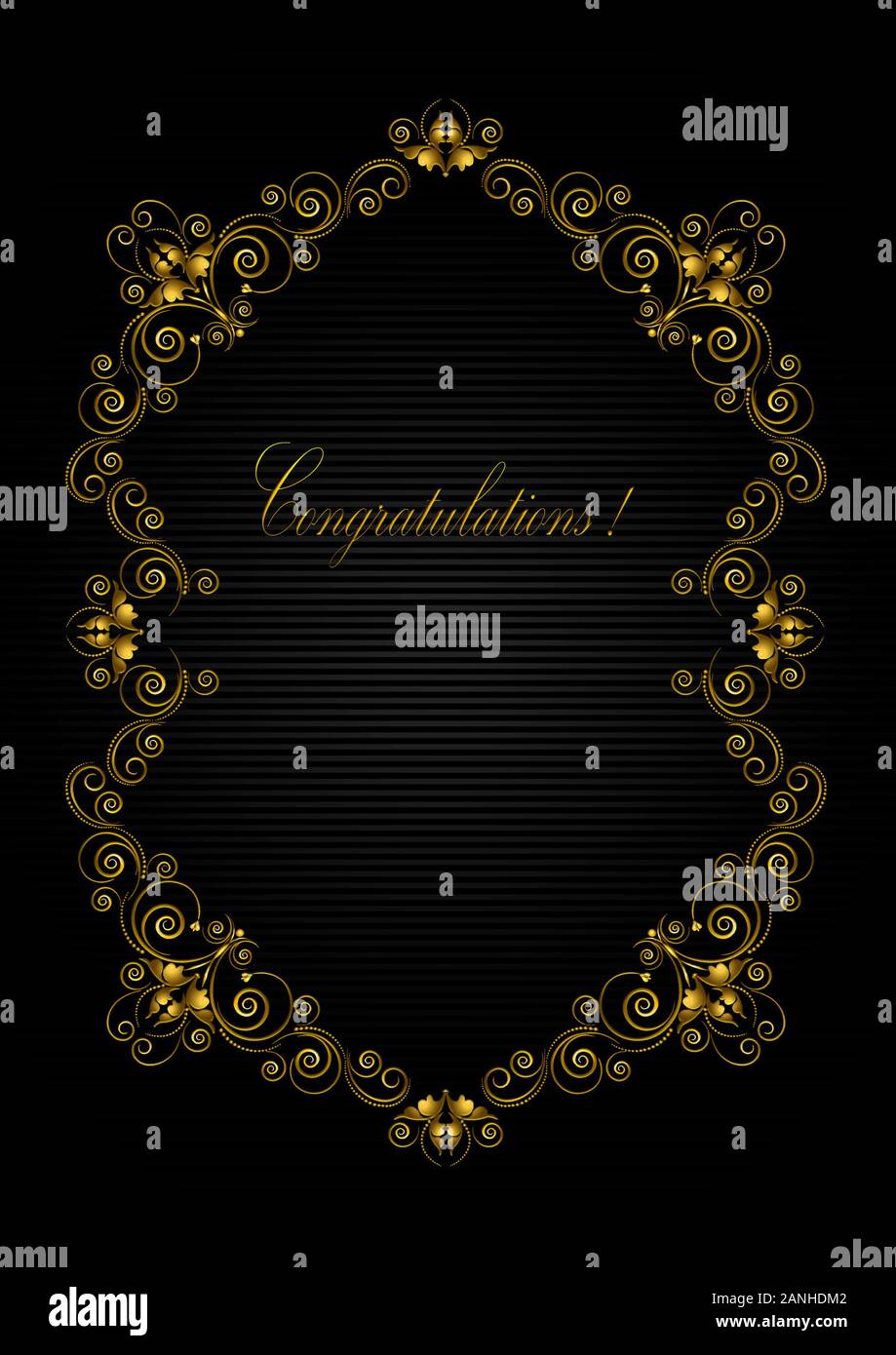 Gold antique calligraphic frame made of stylized flowers with swirls and beads and a  Congratulations a black striped background Stock Photo