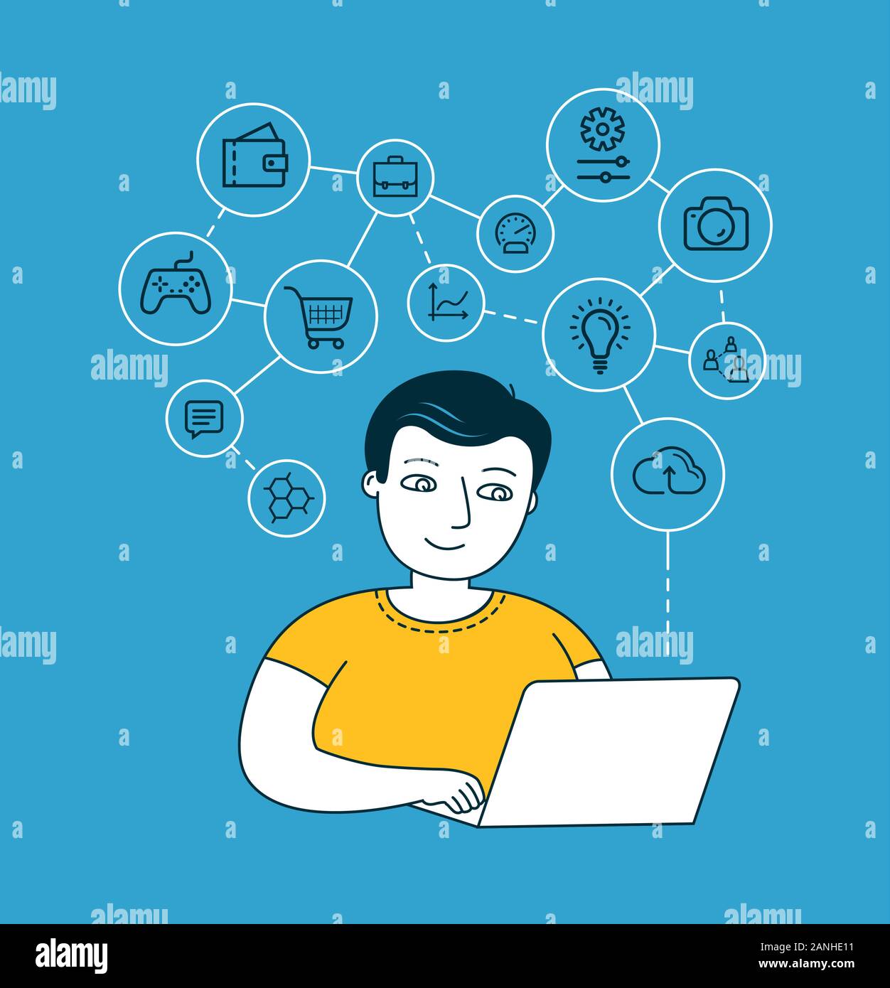 Man behind a laptop on the Internet. Networking opportunities vector Stock Vector