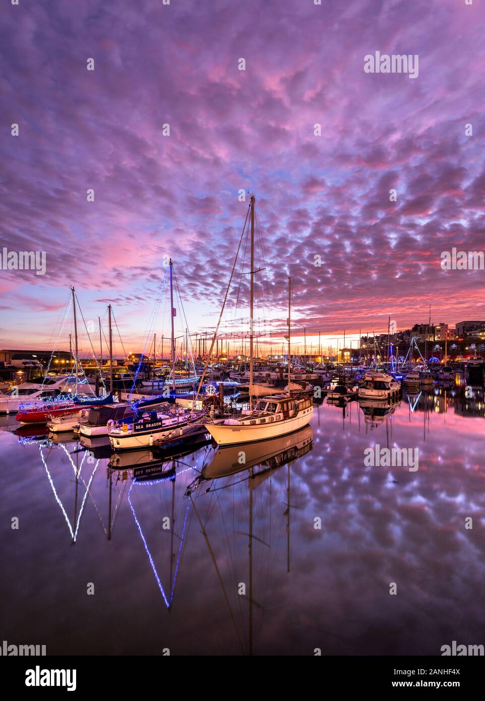 The boats and yachts illuminated with christmas lights at Ramsgate