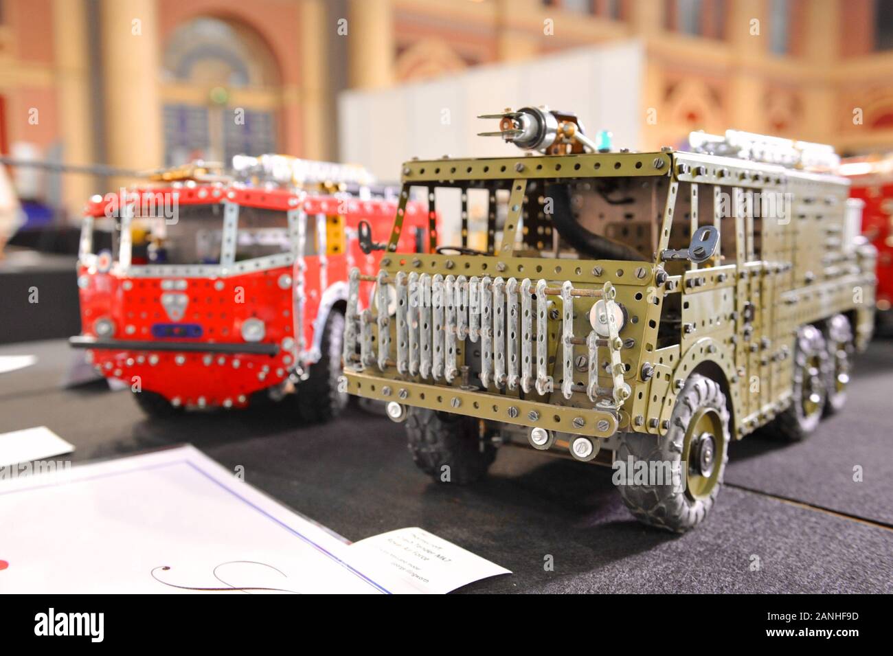 A Meccano model of a Royal Air Force Thornycroft Crash Tender Mk7 on display on the opening day of the London Model Engineering Exhibition opened today at Alexandra Palace, London.  The model is part of the collection of Warwick District Councillor and retired chartered Mechanical Engineer George Illingworth who is displaying 30 of his hand-built large 1/12 scale Meccano Fire Engines from his 60+ magnificent collection.  The show is one of the largest modelling exhibitions in the UK, blending the full spectrum of model creation from traditional model engineering, steam locomotives and traction Stock Photo
