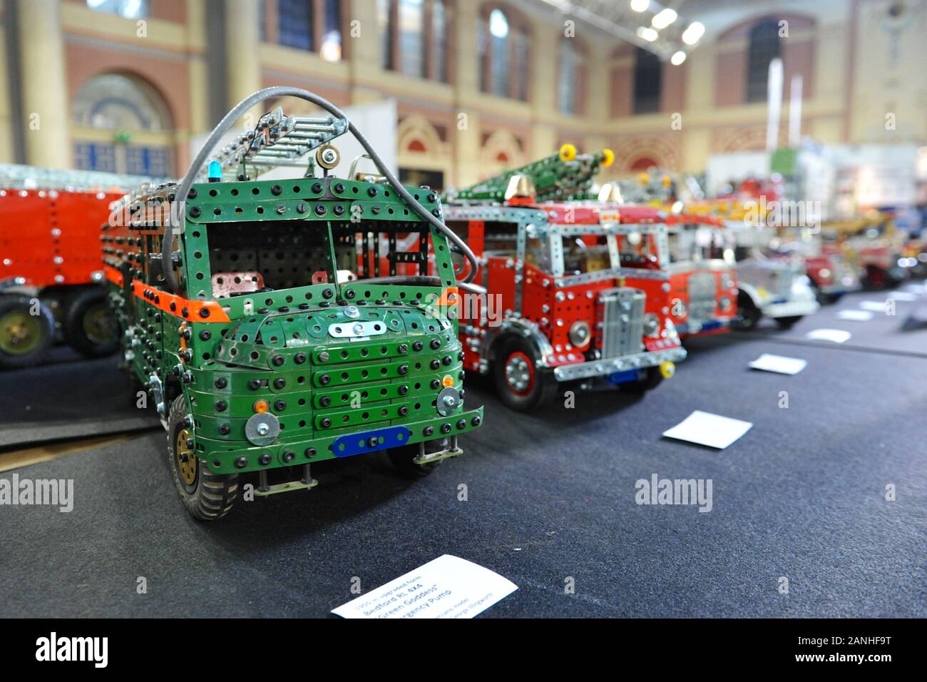 A Meccano model of a Green Goddess Fire Engine (Bedford RL 4X4) on display  on the opening day of the London Model Engineering Exhibition opened today  at Alexandra Palace, London. The model