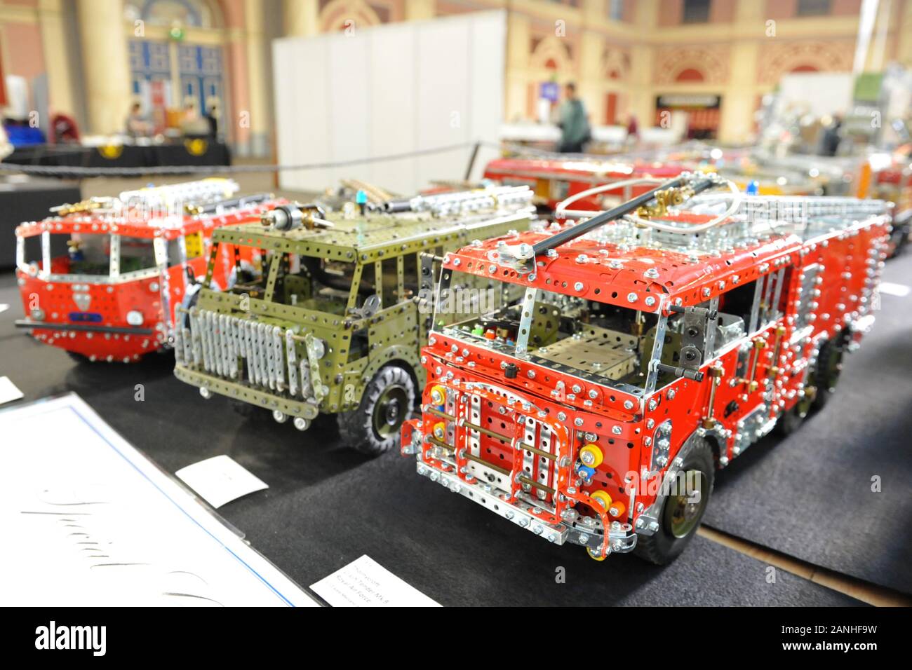 Meccano models on display on the opening day of the London Model Engineering Exhibition opened today at Alexandra Palace, London.  The models are part of the collection of Warwick District Councillor and retired chartered Mechanical Engineer George Illingworth who is displaying 30 of his hand-built large 1/12 scale Meccano Fire Engines from his 60+ magnificent collection.  The show is one of the largest modelling exhibitions in the UK, blending the full spectrum of model creation from traditional model engineering, steam locomotives and traction engines through to more modern gadgets and ‘boys Stock Photo