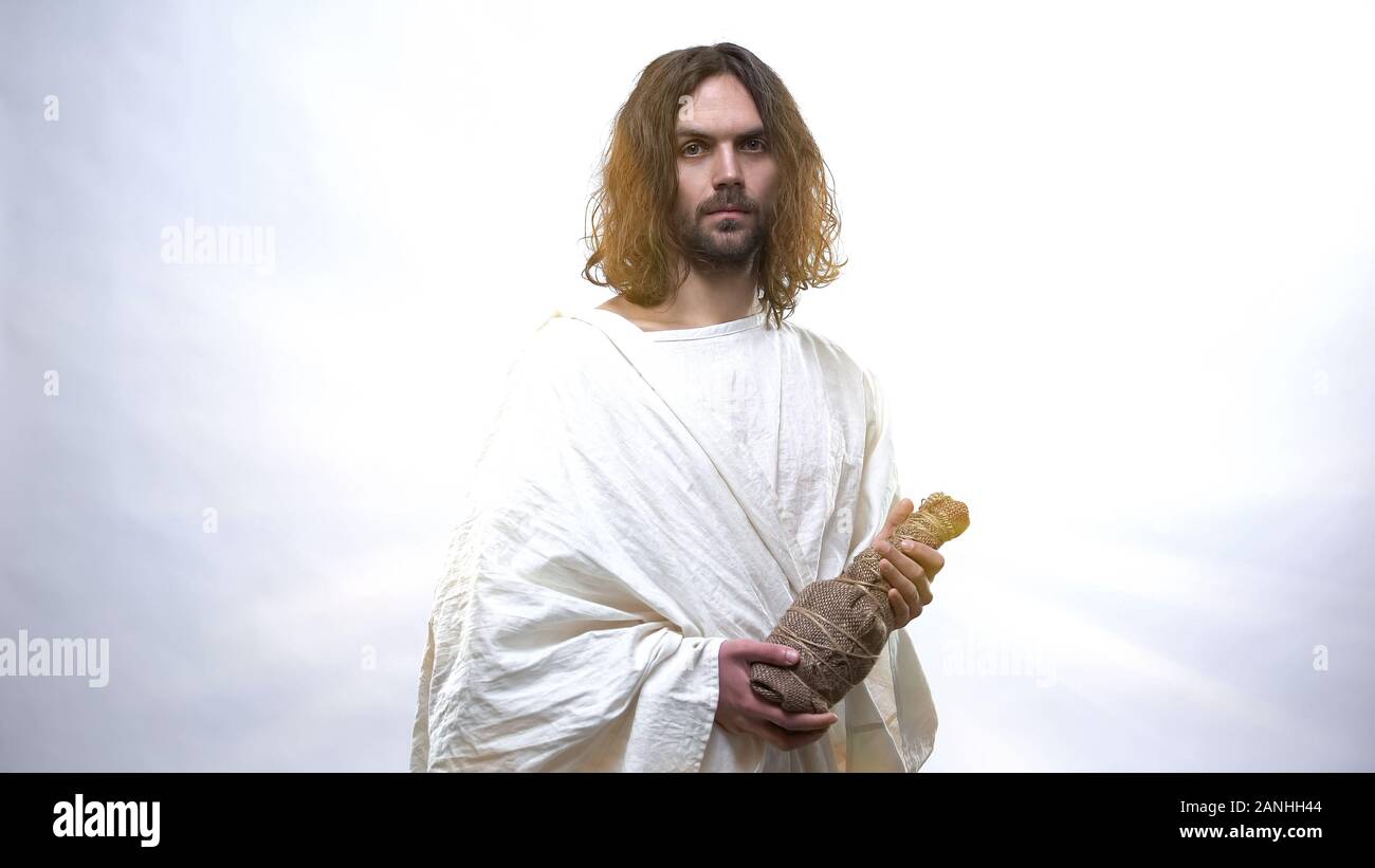 God in white robe holding wine bottle, Eucharist in Catholic church ...