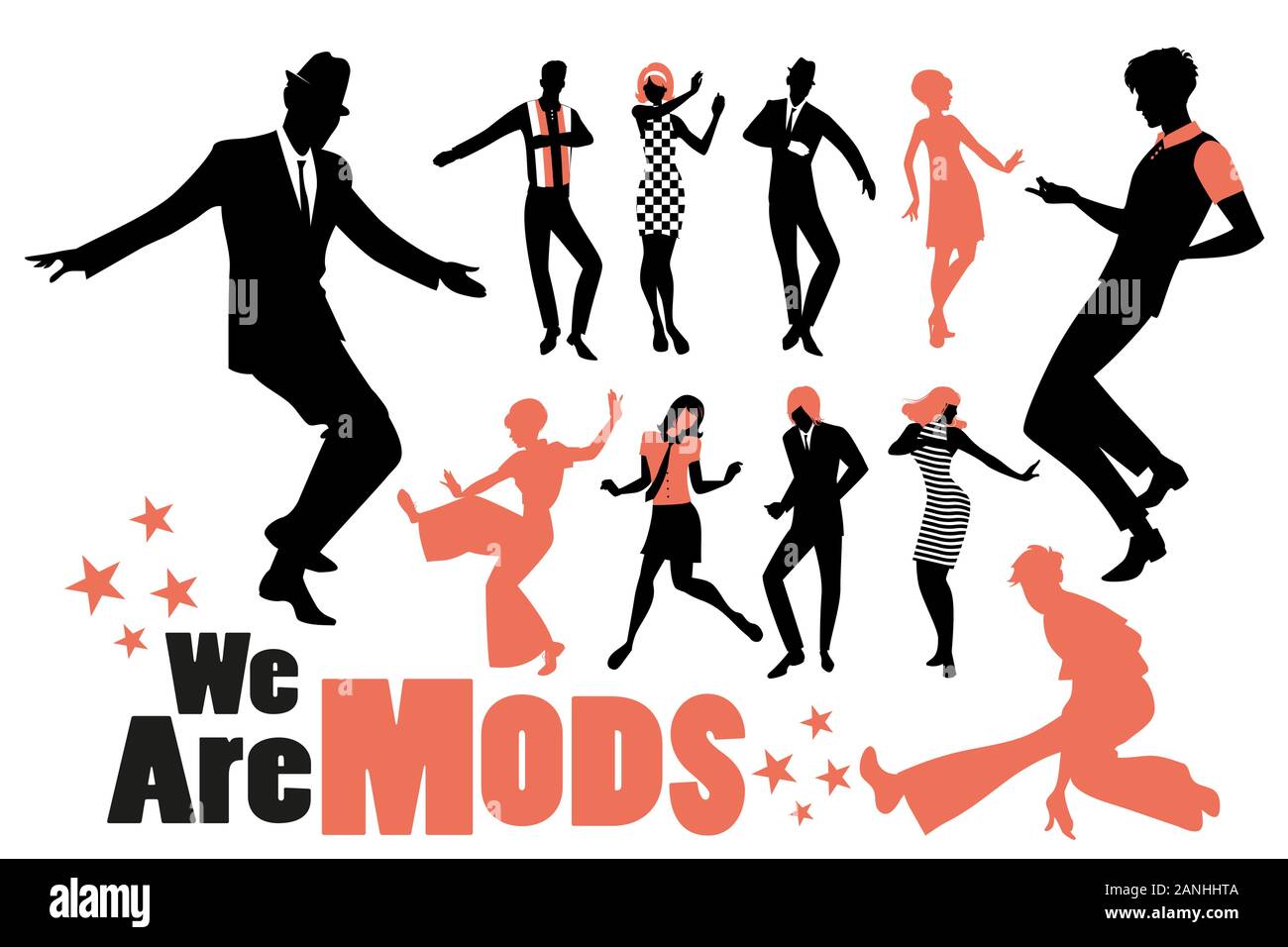 Pop and soul dance clipart collection. Set of mods and northern soul dancers isolated on white background. Stock Vector