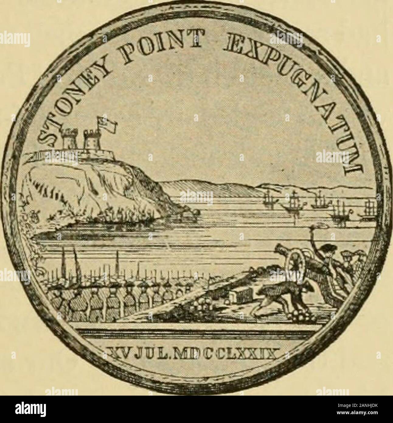 Essentials of United States history . The Medal Voted to General Anthony Wayne by Congress. called because of his impulsive and energetic bravery — by a bold and decisive stroke captured Stony Point, a strongly fortified place on the Hudson, forty point miles north of New York. Major Henry Lee of Paulus Virginia, Light Horse Harry,^ successfully Hook, stormed Paulus Hook, now Jersey City, at two ^^ . ^ oclock on the morning of August 19. Not a shot was fired; only bayonets were used. Commodore Paul Jones, in his ship the Bon Homme Richard, captured the Serapis in a daring and victorious engage Stock Photo