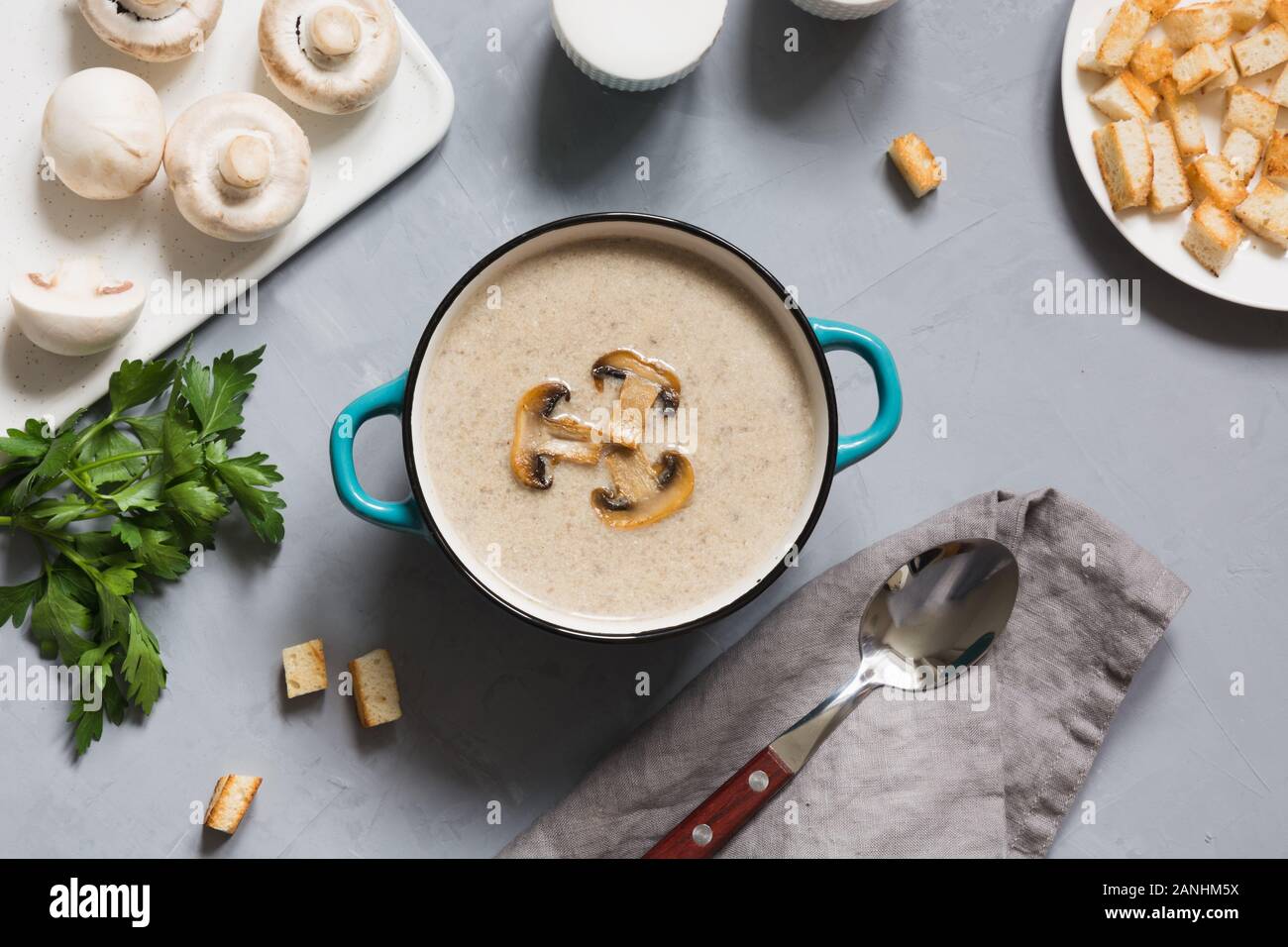 Download Delicious Mushroom Champignon Soup With Toast On Grey Concrete Table Horizontal Mockup View From Above Stock Photo Alamy