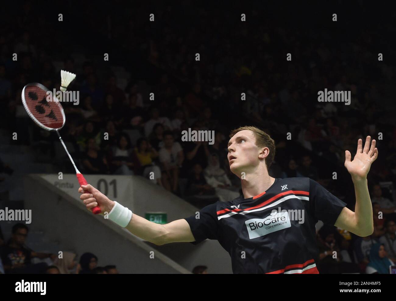 Jakarta, Indonesia. 17th Jan, 2020. Viktor Axelsen of Denmark competes  during the men's singles quarterfinal match against Zhao Junpeng of China  at Indonesia Masters 2020 badminton tournament in Jakarta, Indonesia, Jan.  17,