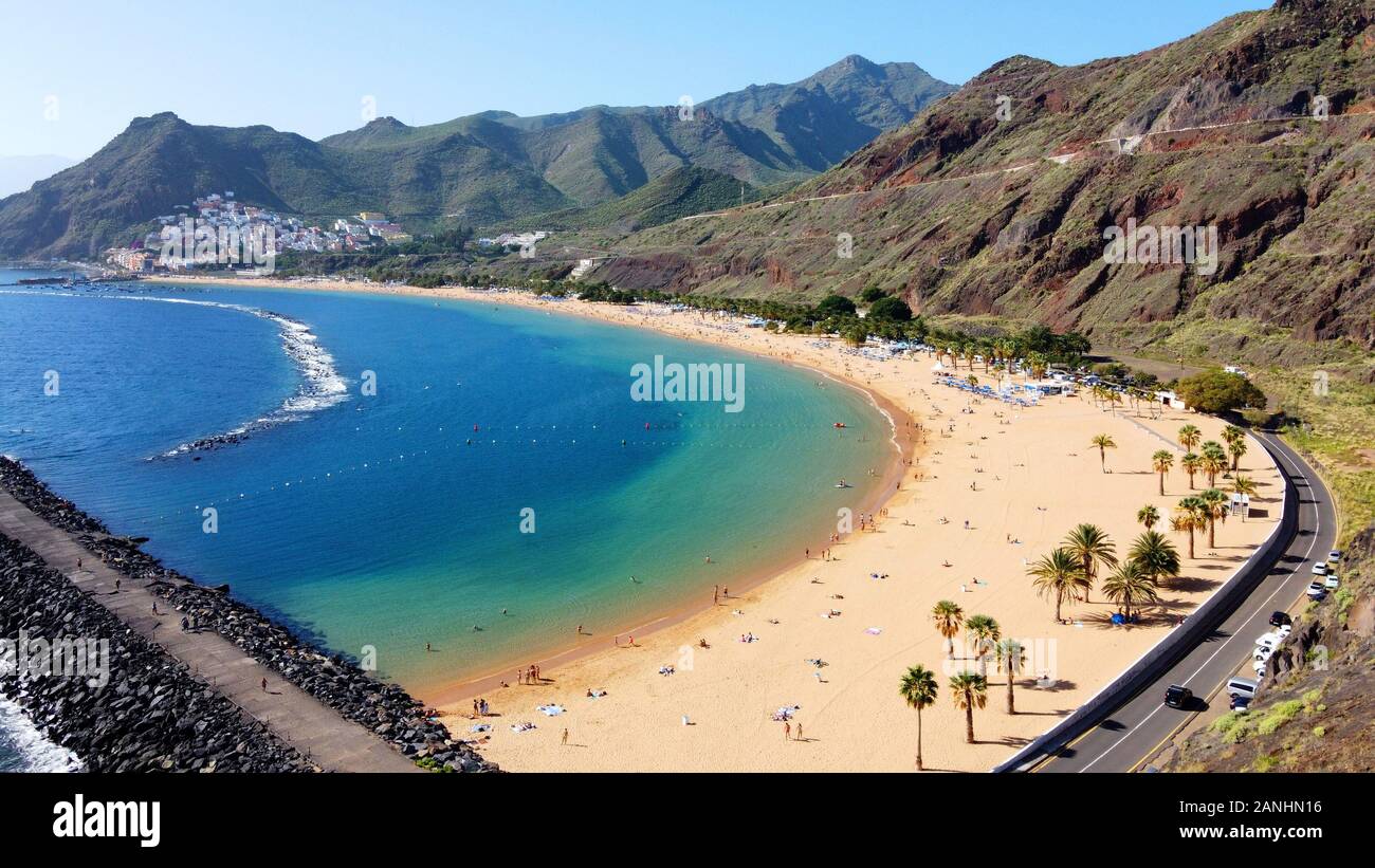 CANARY ISLAND TENERIFE, SPAIN - 28 DEC, 2019: Playa de Las Teresitas is the most beautiful beach on the Canary island Tenerife. The white sand was shi Stock Photo