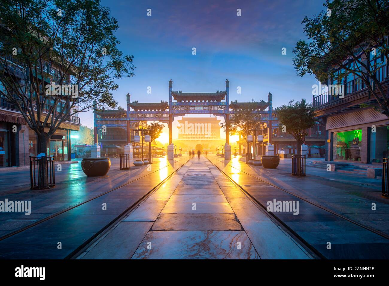 Beijing Zhengyang gate Jianlou at night in Qianmen street in Beijing city, China. China tourism, history building, or tradition culture and travel con Stock Photo