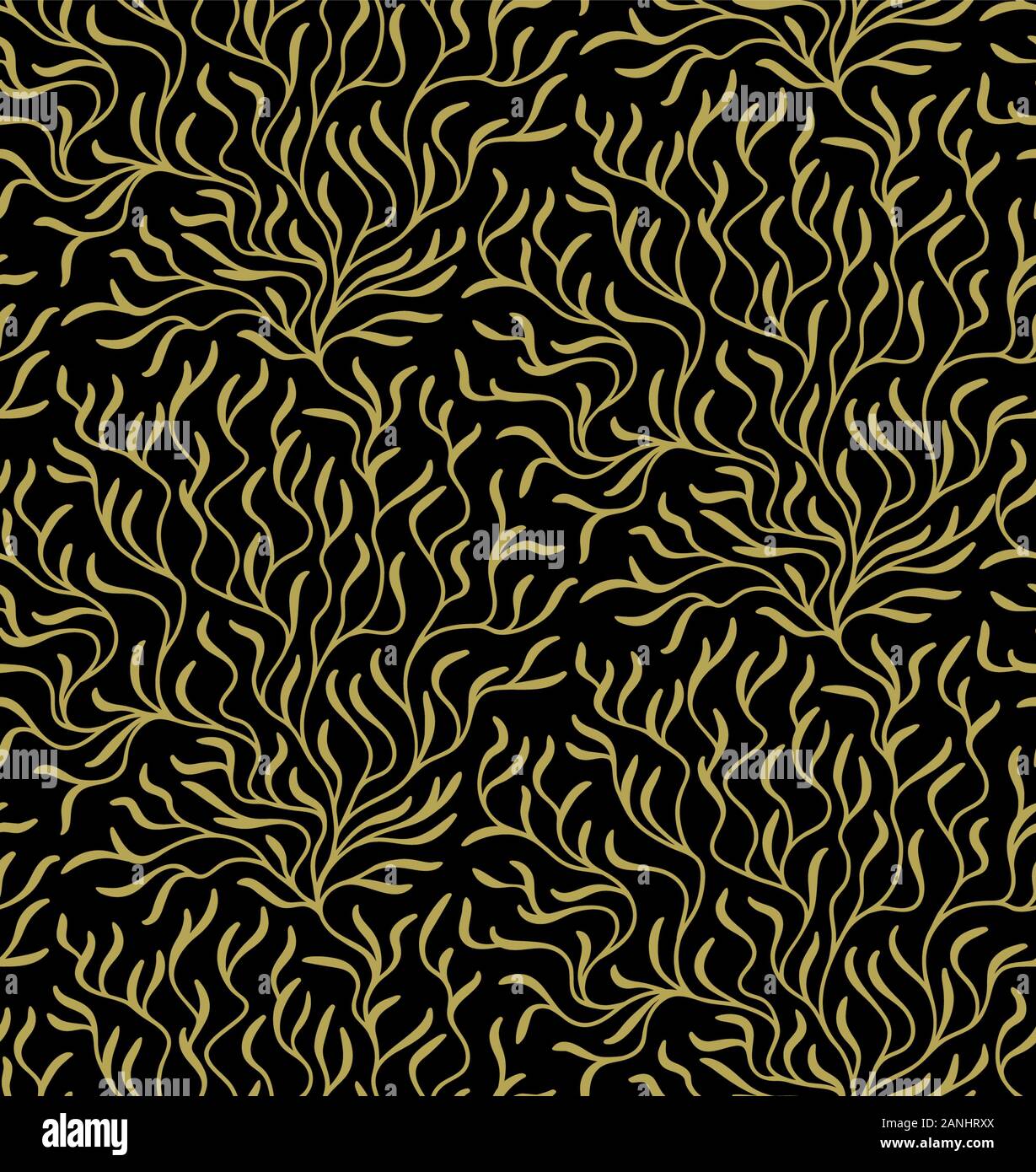 Abstract seamless vector pattern. Leaves, branches, bushes.  Golden, isolated black background. Stock Photo