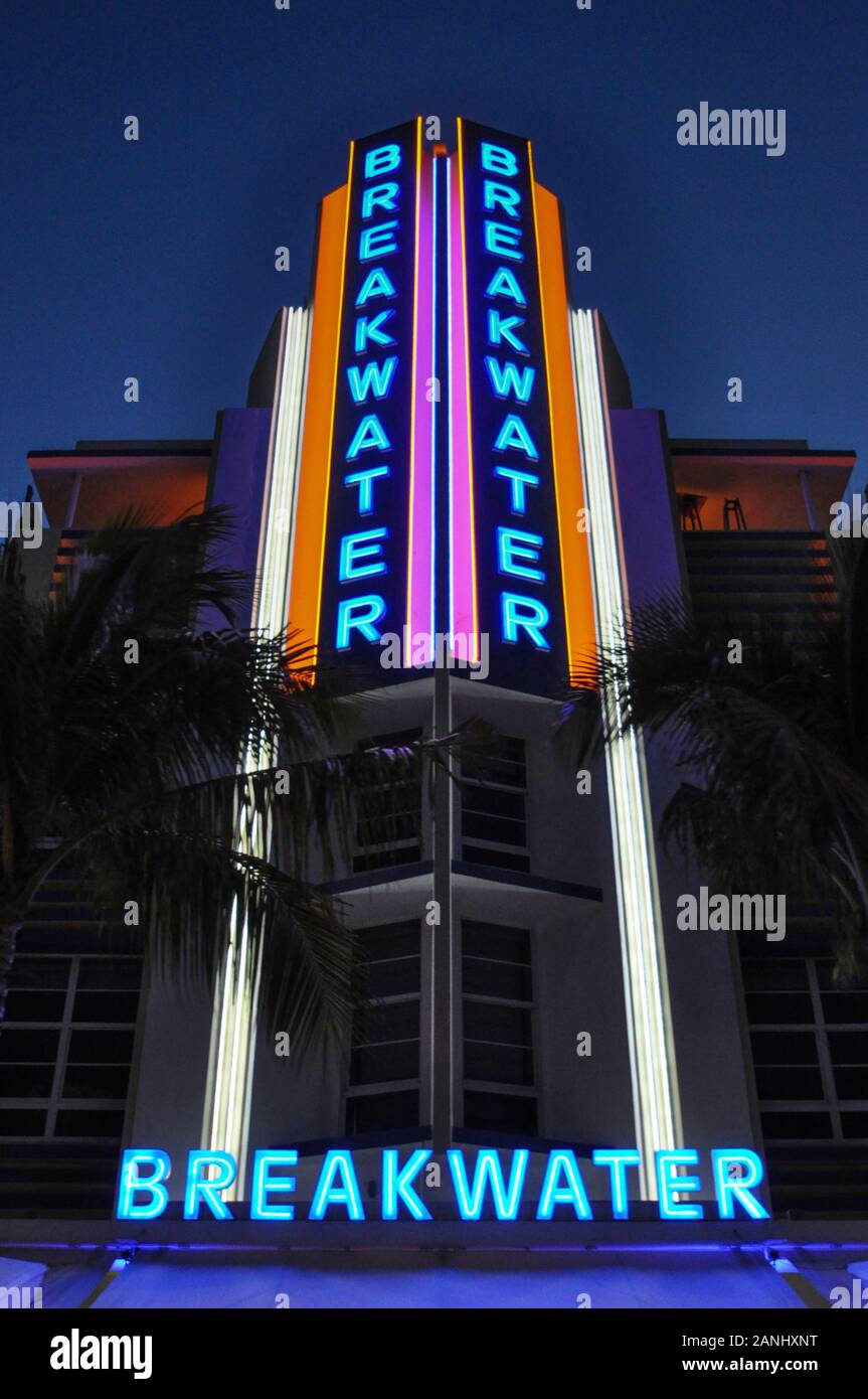 Art Deco Style Building Breakwater night scene in Miami Beach, Miami, Florida, USA. Breakwater Hotel on Ocean Drive is one of the most famous building Stock Photo